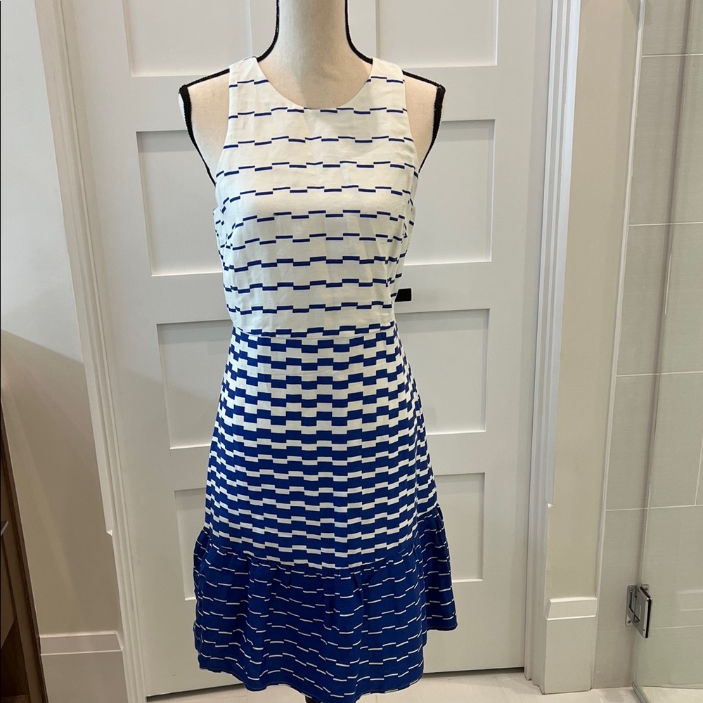 Blue and White Sleeveless Linen Dress